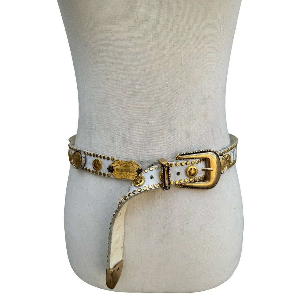 Lily Farouche‎ Munich Vintage White Leather Studded Buffalo Nickel Western Belt